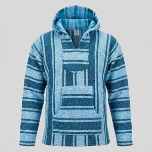 Artesanias Mickey Mens Large Blue Baja‎ Hoodie Mexican Jerga Pullover Striped